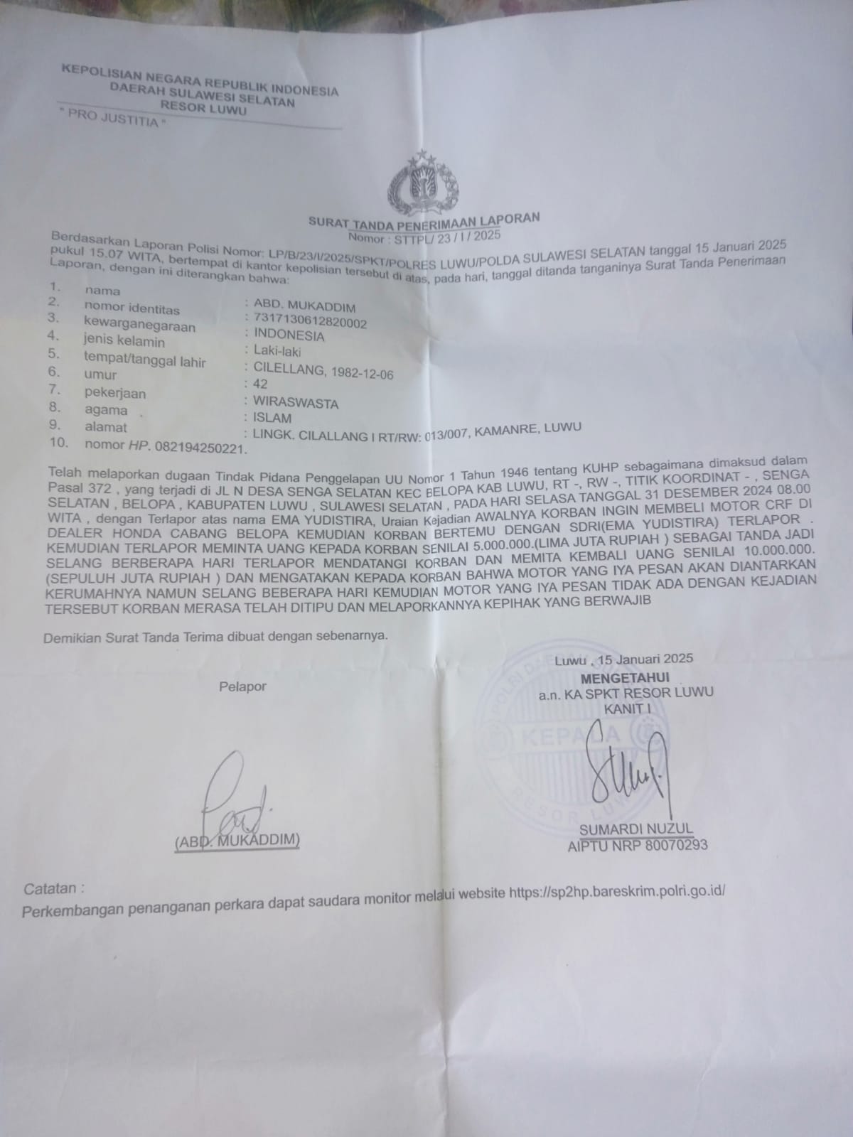 Foto: Dokumen Bukti Surat Laporan, sejak tanggal 15 Januari 2025 Sampai Saat Ini Belum Ditingkatkan Oleh Pihak Kepolisian Polres Luwu