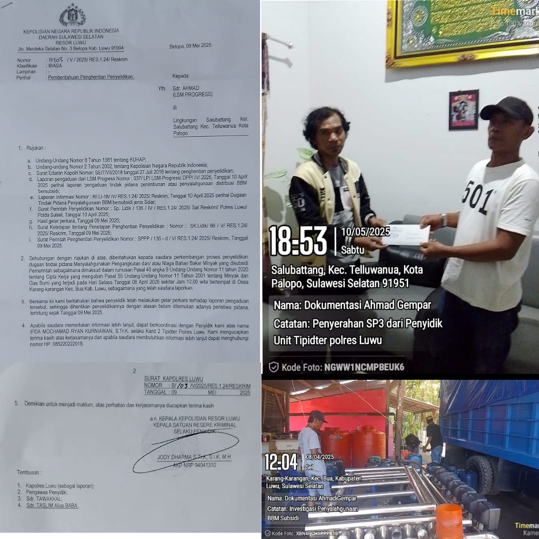 Dokumen: Laporan Polisi BBM Ilegal Dipolres Luwu Di SP3kan